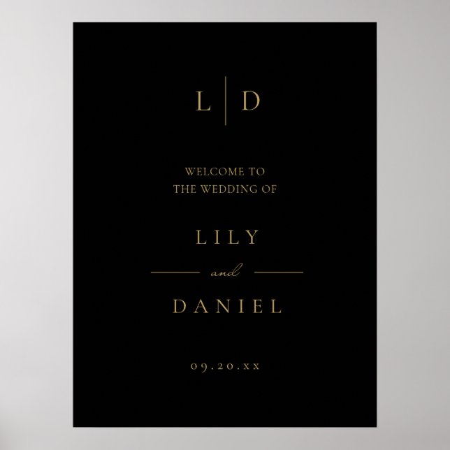 Black and Gold Monogram Wedding Welcome Sign (Front)