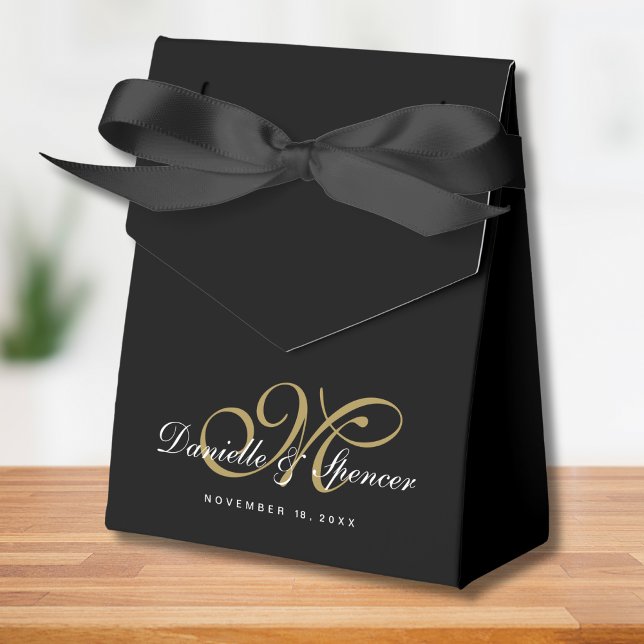 Black and Gold Monogrammed Custom Wedding Favour Box (Black and Gold Favor Box)