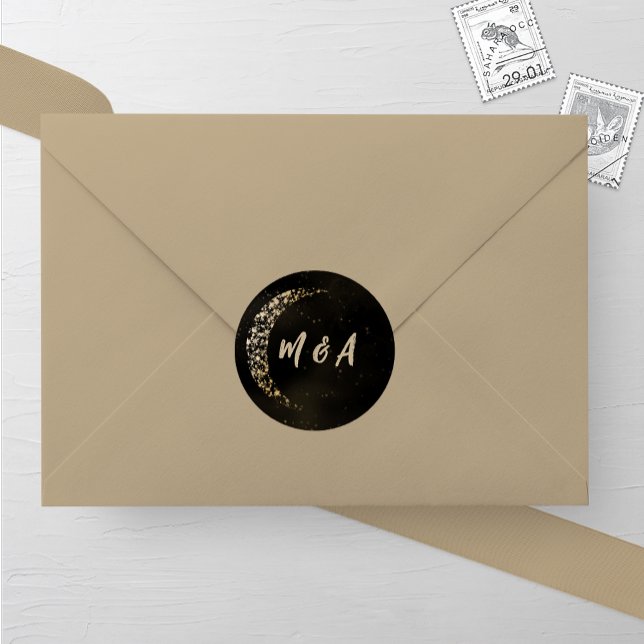 Black and Gold Moon and Back Wedding Classic Round Sticker (Creator Uploaded)
