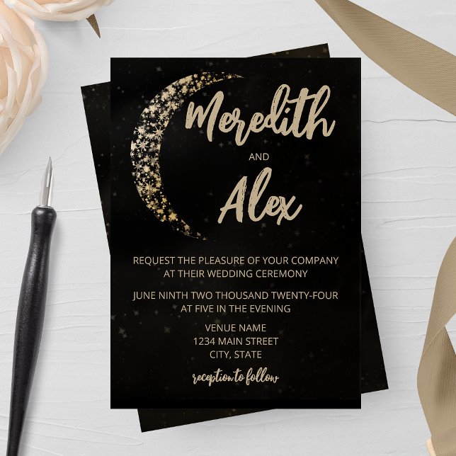 Black and Gold Moon and Back Wedding Invitation (Creator Uploaded)