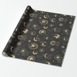 Black and Gold Moon Star Sun Astrology Art Wrapping Paper