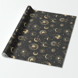 Black and Gold Moon Star Sun Astrology Art Wrapping Paper