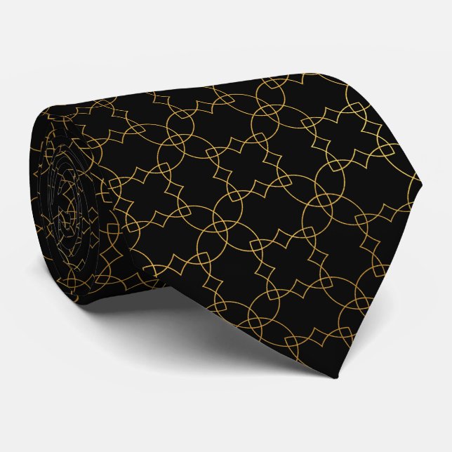 Black and Gold Moroccan Geometric Necktie (Rolled)