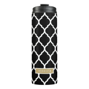 Black and Gold Moroccan Quatrefoil Monogram Thermal Tumbler