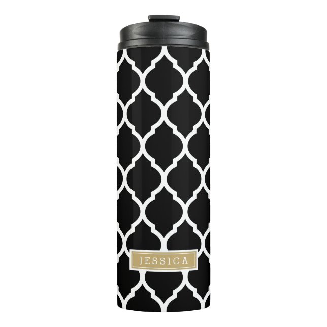 Black and Gold Moroccan Quatrefoil Monogram Thermal Tumbler (Front)