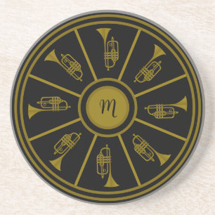 Black and gold motif with trumpets and a monogram coaster