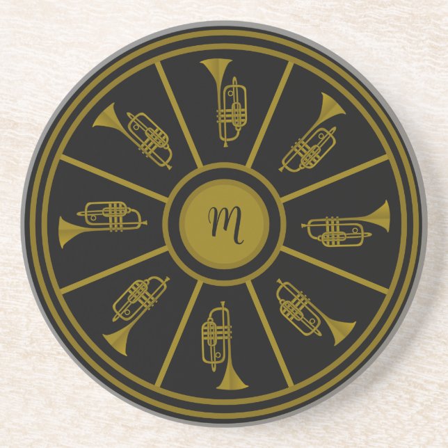 Black and gold motif with trumpets and a monogram coaster (Front)