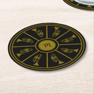 Black and gold motif with trumpets and a monogram round paper coaster