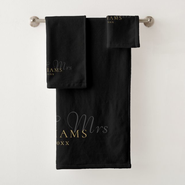 Black And Gold Mr And Mrs Established Bath Towel Set (Insitu)