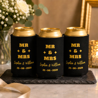 Black and Gold Mr & Mrs Wedding Can Cooler