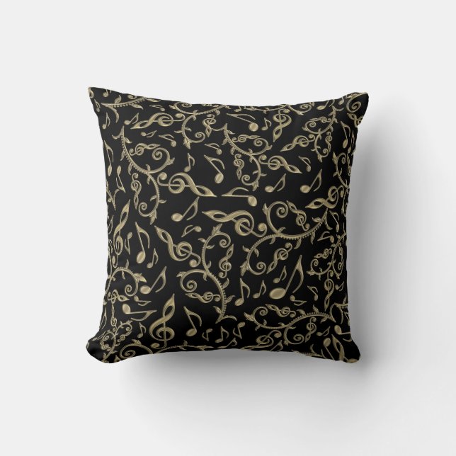 Black and Gold Music Notes and Clefs Throw Pillow (Front)