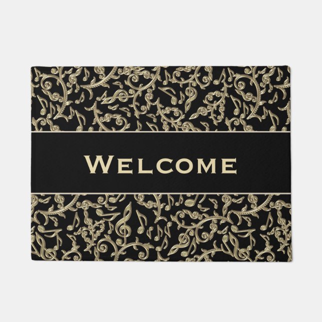 Black and Gold Music Notes Floral Doormat (Front)