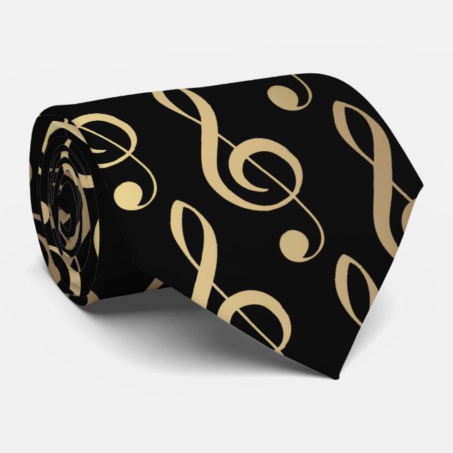 Black and Gold Musical Treble Clef Tie (Rolled)