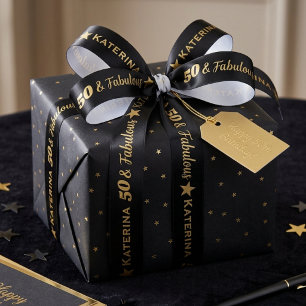 Black and Gold Name Age Fabulous Birthday Satin Ribbon