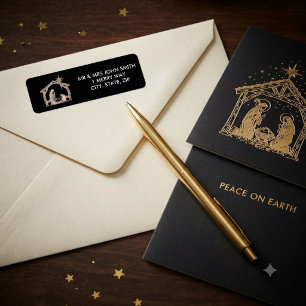 Black and Gold Nativity Christmas Return Address Label