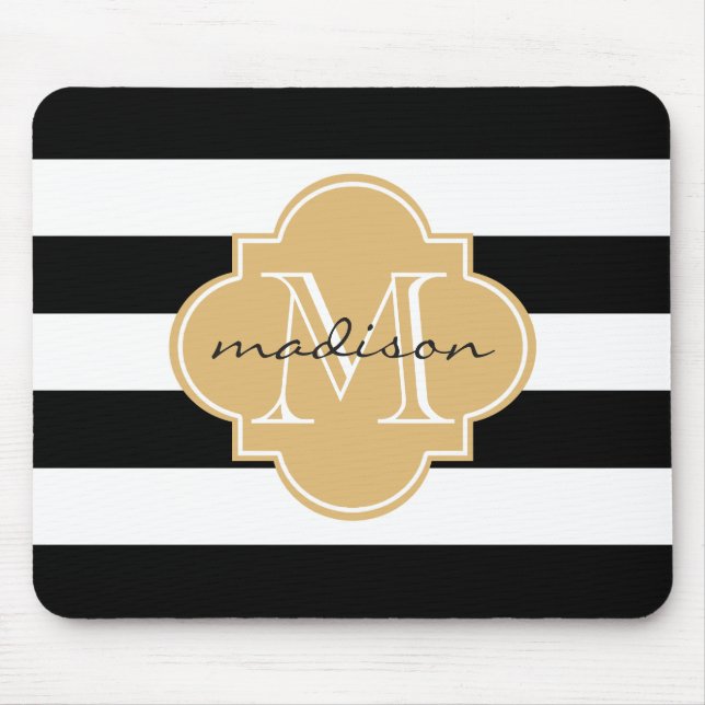 Black and Gold Nautical Stripes Custom Monogram Mouse Pad (Front)