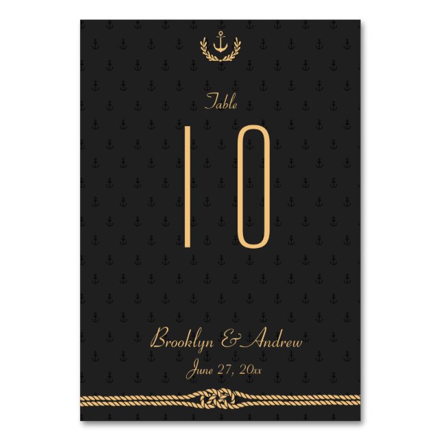 Black And Gold Nautical Wedding Table Numbers (Front)