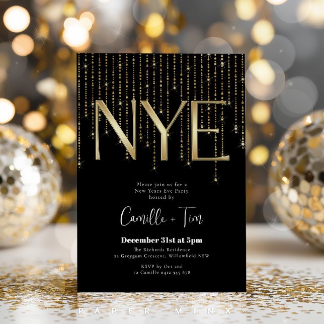 Black and Gold New Years Eve Party NYE Invitation (NYE party invitation in gold and black )