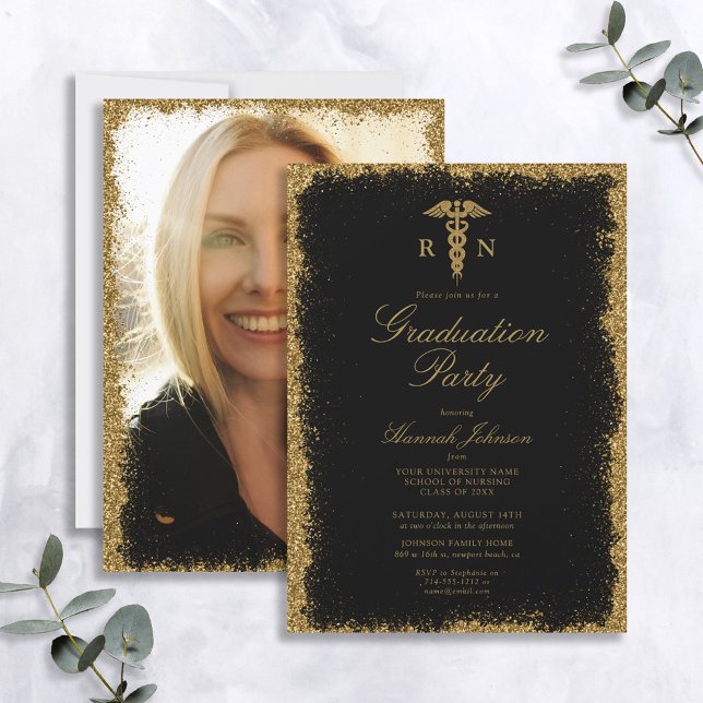 Black and Gold Nursing School Photo Graduation Invitation (Creator Uploaded)