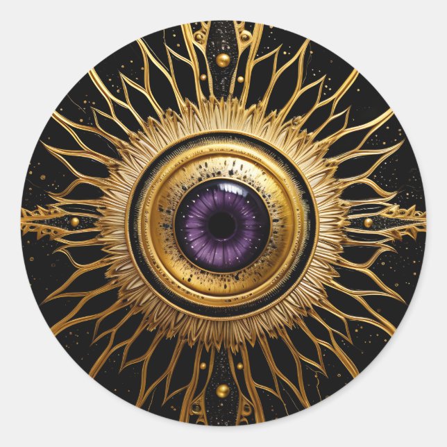 Black and Gold Occult Purple Evil Eye Starburst Classic Round Sticker (Front)