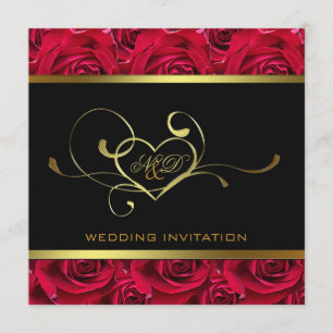 Black and Gold on Red Roses Wedding Invitation