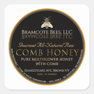 Black and Gold on White Square Comb Honey Label 