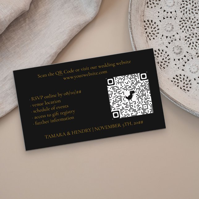 Black and Gold Online RSVP QR Code Wedding Enclosure Card (Creator Uploaded)