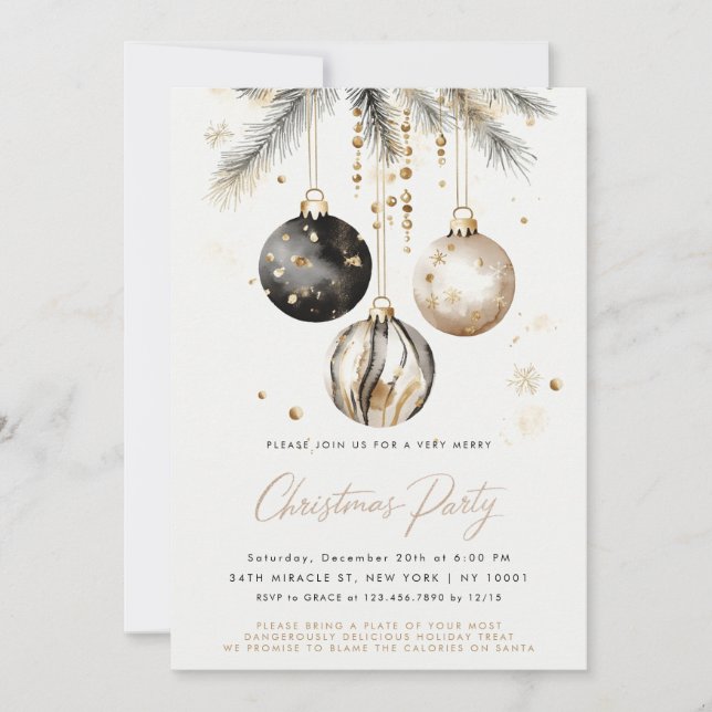 Black And Gold Ornaments Baubles Christmas Party Invitation (Front)