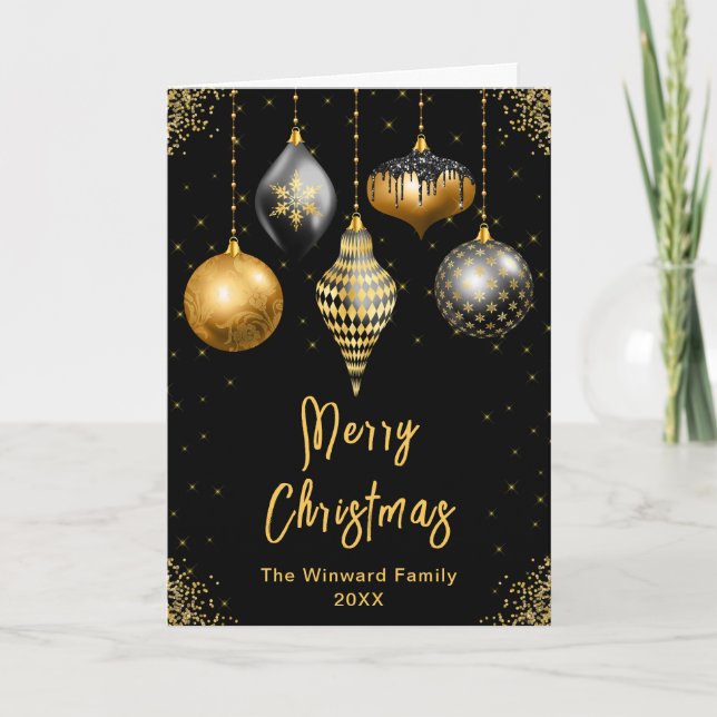 Black and Gold Ornaments Merry Christmas Holiday Card (Front)