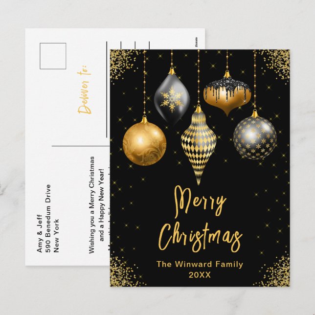 Black and Gold Ornaments Merry Christmas Holiday Postcard (Front/Back)