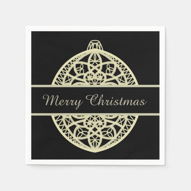 Black and Gold Ornate Bauble Merry Christmas Napkin (Front)
