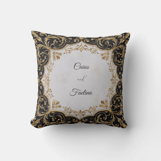 Black and Gold Ornate Frame Wedding Sticker Cushion (Front)