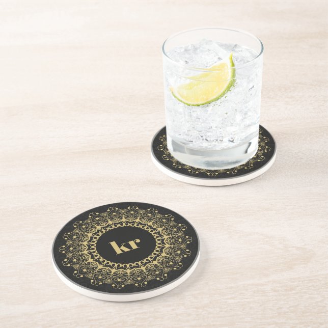 Black and gold ornate mandal pattern coaster (Side)