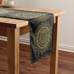 Black and gold ornate mandal pattern long table runner