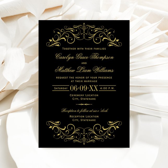 Black and Gold Ornate Scroll Wedding Invitation (Creator Uploaded)