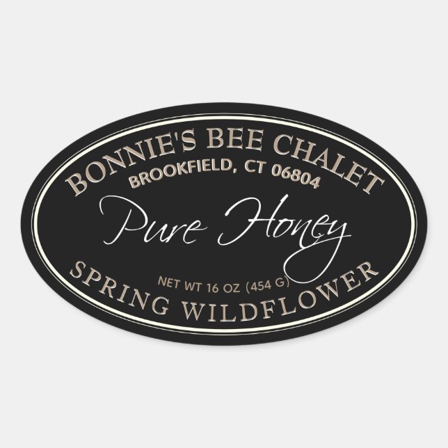 Black and Gold Oval Honey Label with white border (Front)