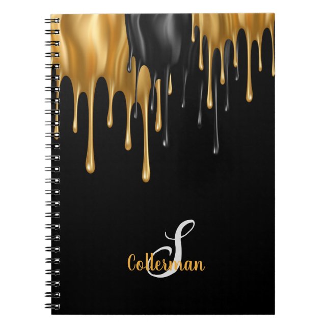 Black and Gold Paint Dripping Monogram Script Name Notebook (Front)