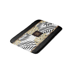 Black and Gold Palm Pattern with Monogram Bath Mat