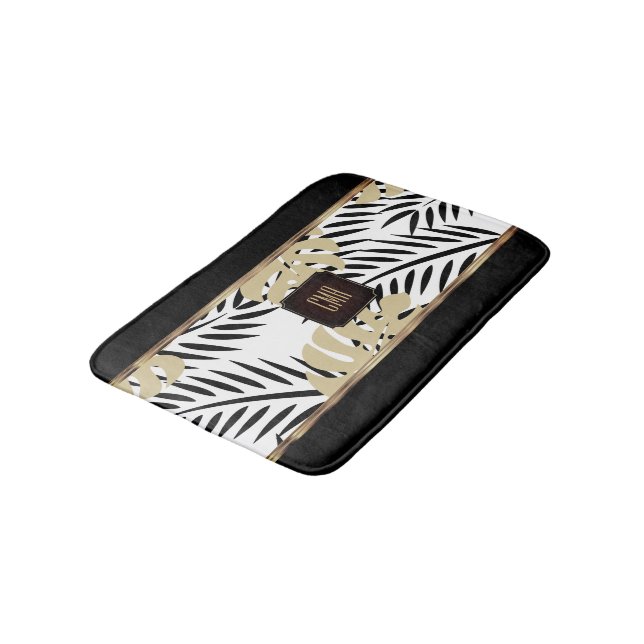 Black and Gold Palm Pattern with Monogram Bath Mat (Angled)
