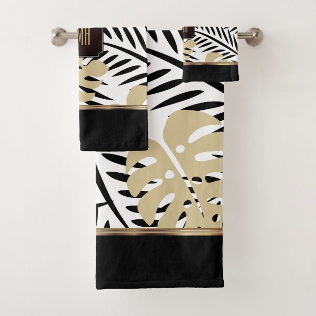 Black and Gold Palm Pattern with Monogram Bath Towel Set (Insitu)