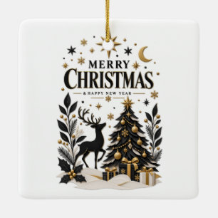 Black and Gold Paper Cut Tree Ceramic Ornament