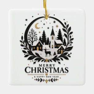 Black and Gold Paper Cut Village Ceramic Ornament