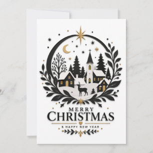 Black and Gold Paper Cut Village Holiday Card