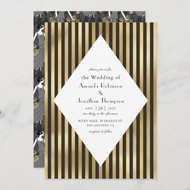 Black and Gold Paris Art Deco Wedding Invitation (Front/Back)