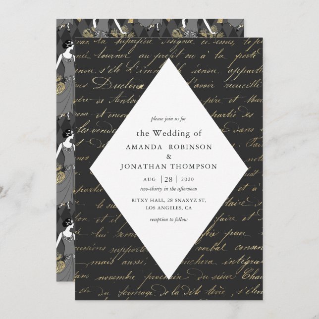 Black and Gold Paris Themed Calligraphy Wedding Invitation (Front/Back)