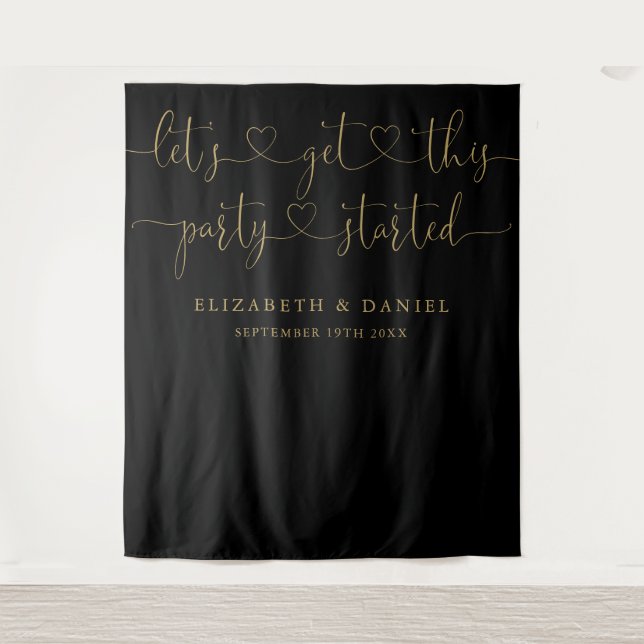 Black And Gold Party Started Heart Script Wedding Tapestry (Front)