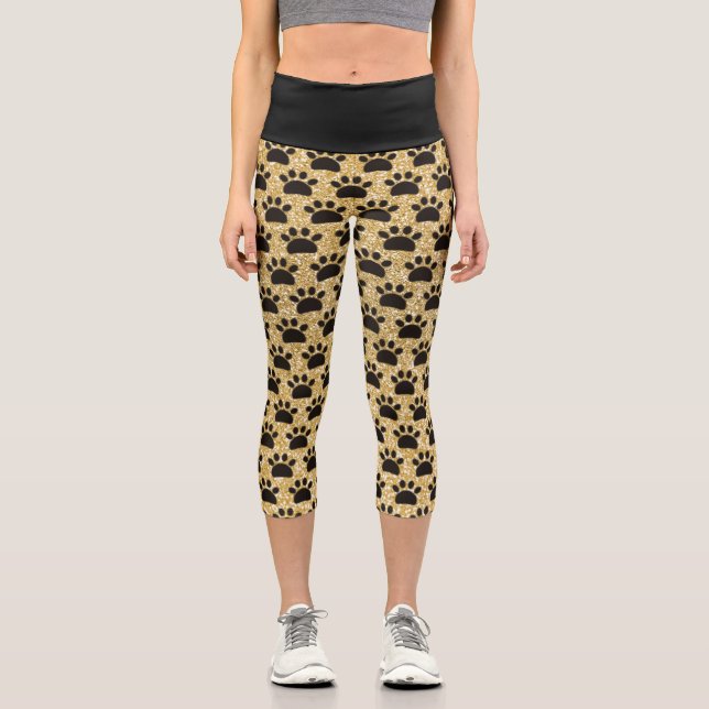 Black and Gold Paws Seamless Pattern Capri Leggings (Front)