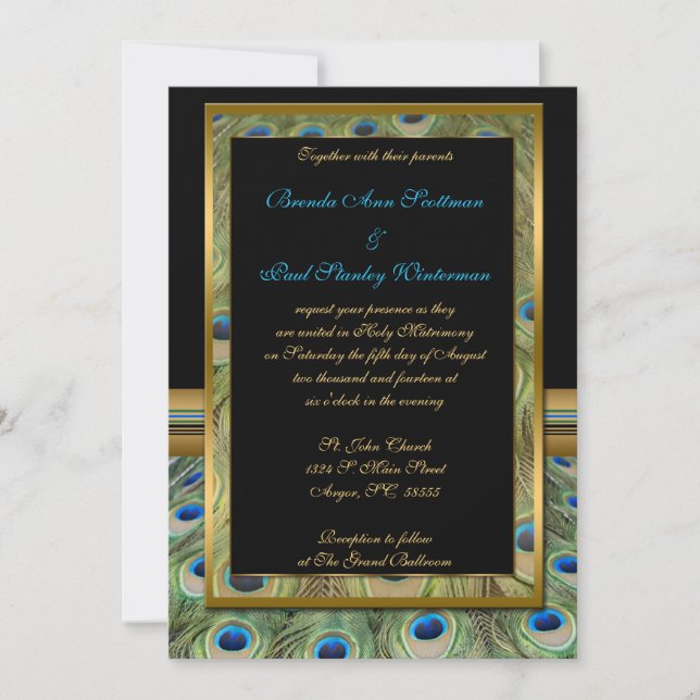 Black and Gold Peacock Wedding Invitation (Front)