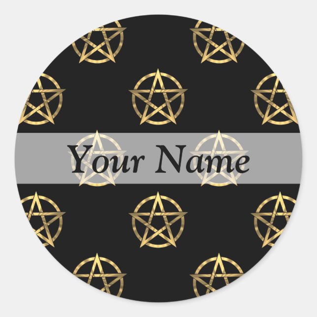 Black and gold pentagram classic round sticker (Front)
