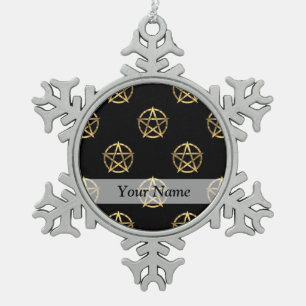 Black and gold pentagram snowflake pewter christmas ornament
